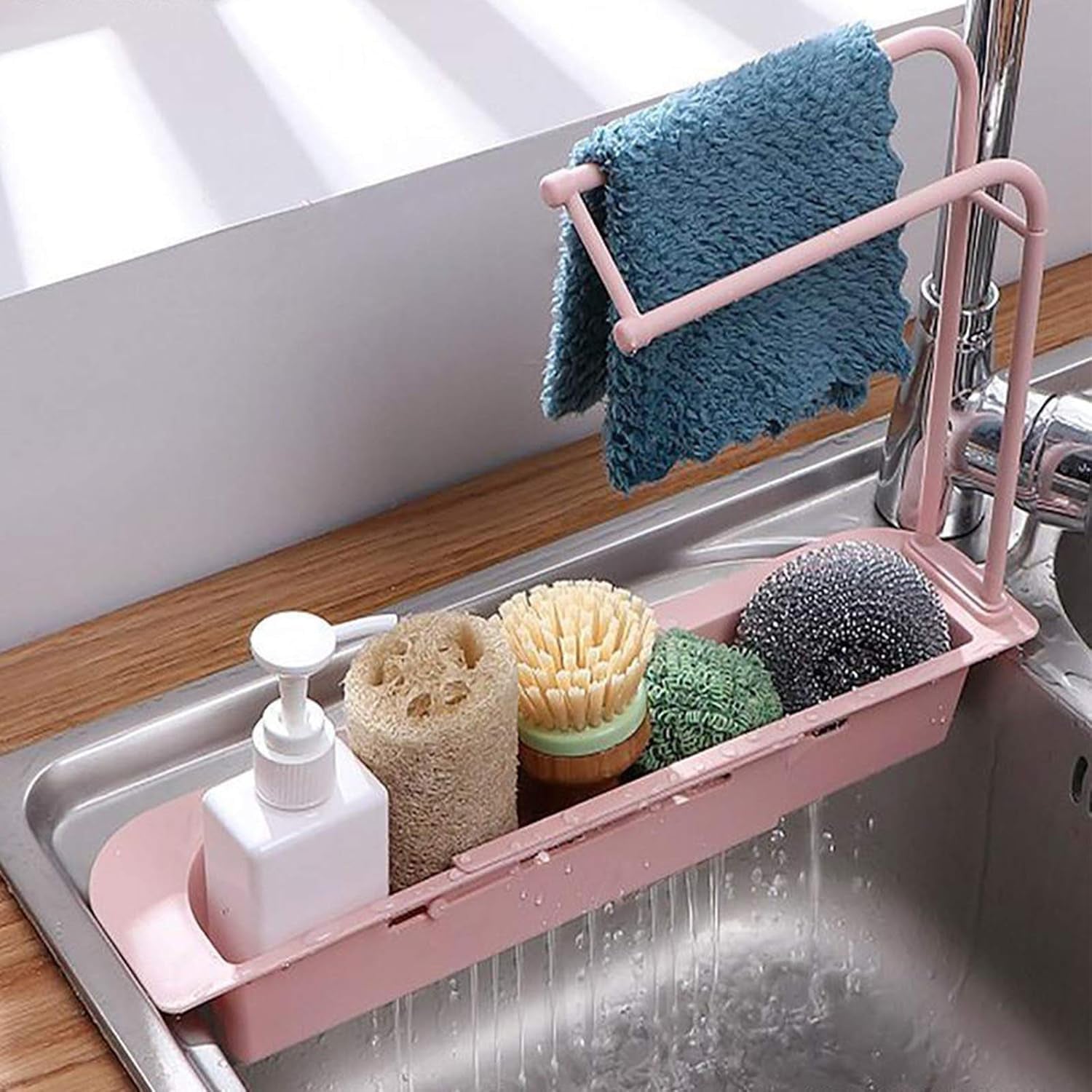 Kitchen sink organizer rack with towel holder and drain tray