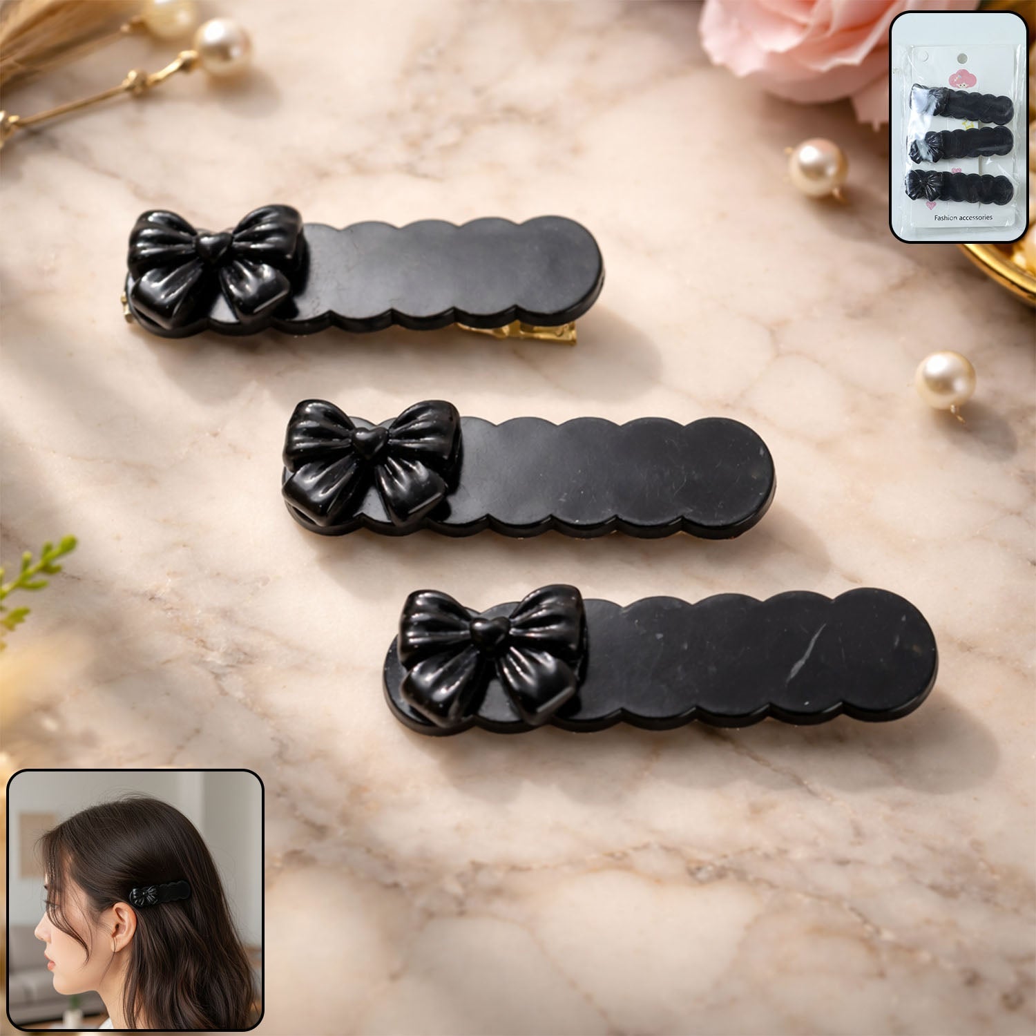 Elegant black bow decorative hair clips