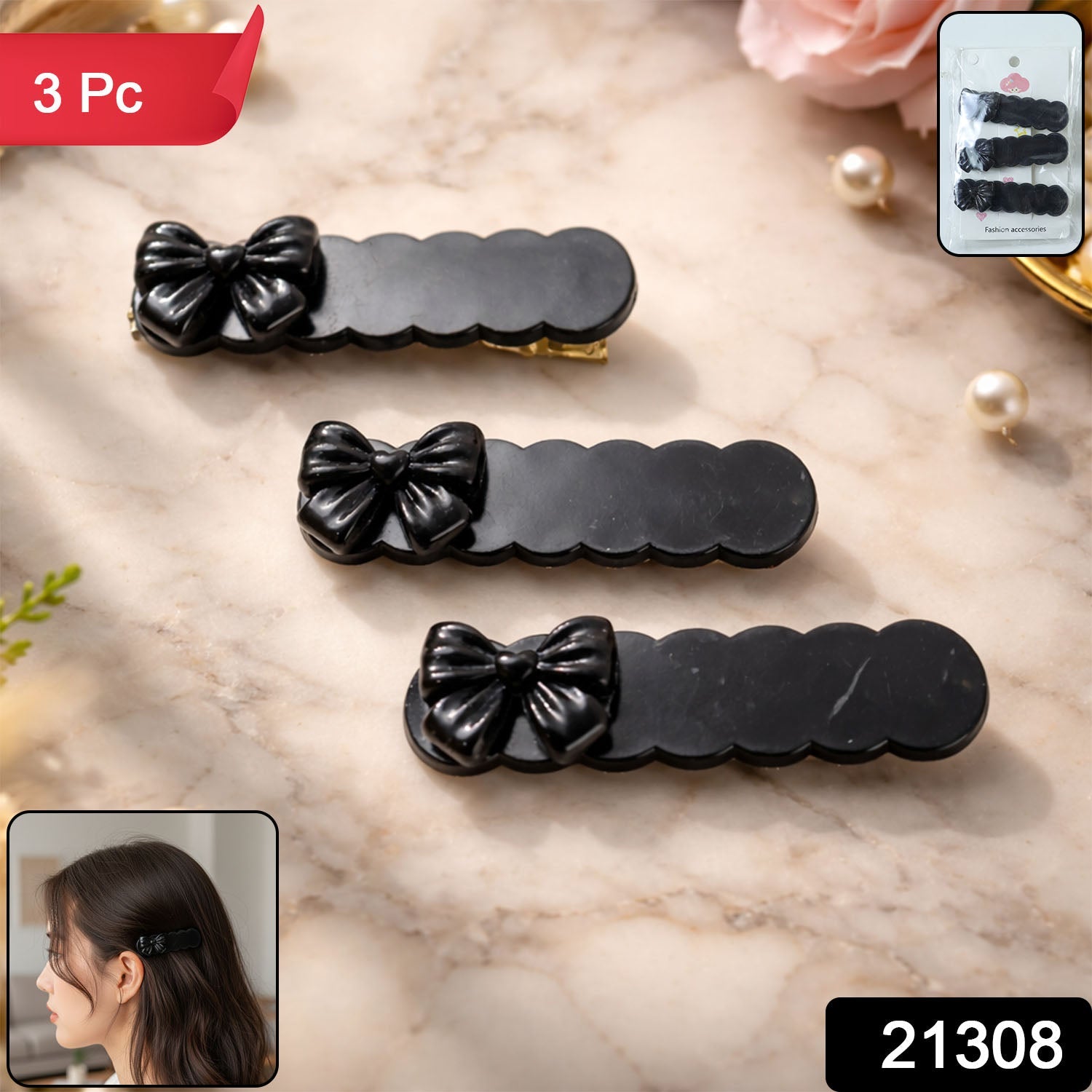 Set of 3 black bow hair accessories